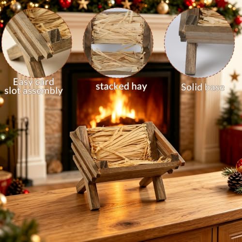 Fangoo 4 Inch Wooden Nativity Manger with Hay - Religious Christmas Decor