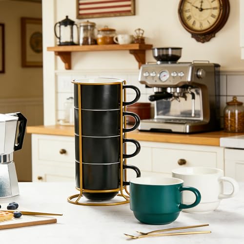 Black Stackable Coffee Mug Set of 4 with Stand & Spoons - 11oz