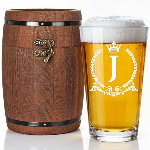 Personalized 16oz Monogrammed Beer Glass with Vintage Wooden Barrel Gift Box