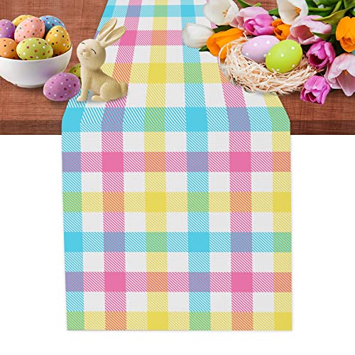 Buffalo Plaid Table Runner 13 x 72 in Linen Look, FJPT Easter Blue Pink Yellow