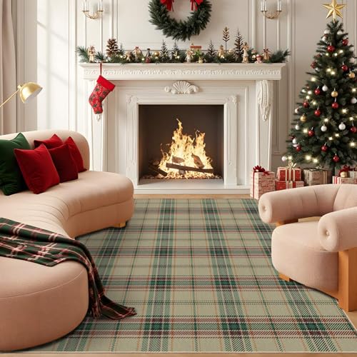 Green Christmas Checkered 5x7 Area Rug - Washable Faux Wool, Non-Slip