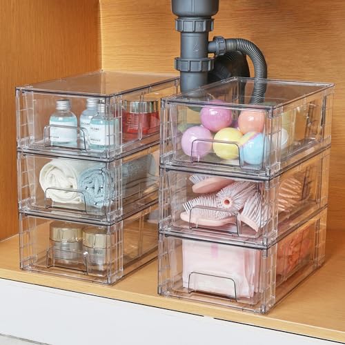 Clear Stackable Storage Drawers with Dividers 4-Pack