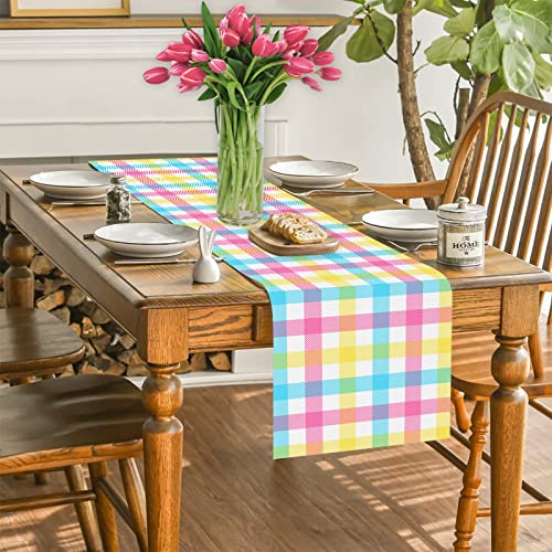 Buffalo Plaid Table Runner 13 x 72 in Linen Look, FJPT Easter Blue Pink Yellow