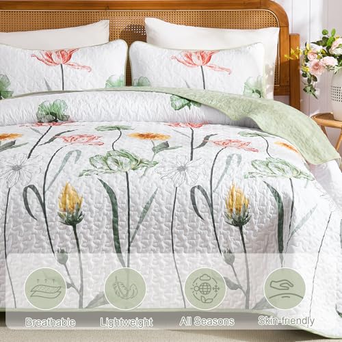 Sage Green Floral Quilt Set - Full Size 3-Piece Bedspread Coverlet Set
