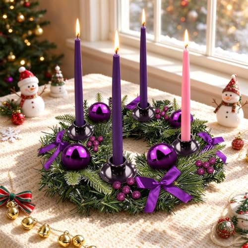 TURNMEON Ribbons Berry Balls 4-Candle Advent Wreath - Purple Fire-Retardant Centerpiece for Christmas Church Decor