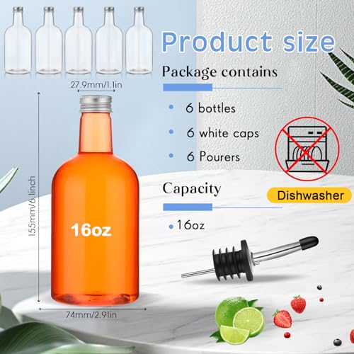 Maxcheck 6 Sets 16 oz Plastic Liquor Bottles with Stainless Steel Pourers - Long Neck Bar Supplies