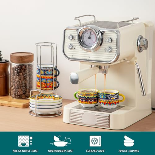 Vancasso Boho 2.5 Oz Espresso Cups Set of 4 with Stand - Colorful Mediterranean Design
