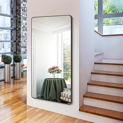 30x60 Inch Large Rectangular Wall Mirror, Black Metal Framed Bathroom Mirror