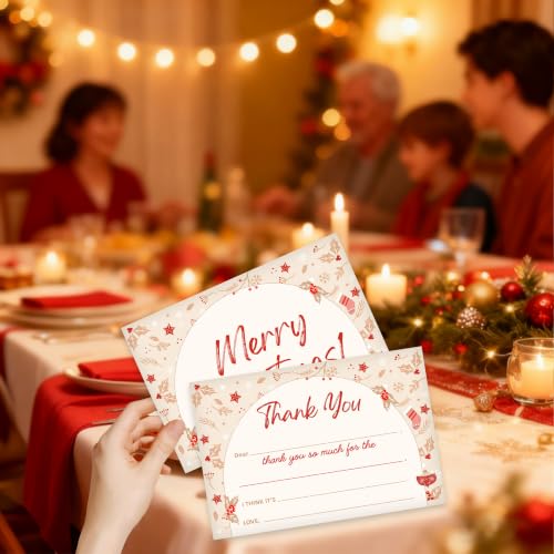 Holly and Snowflake Christmas Thank You Card Set with Envelopes - 20 Pcs