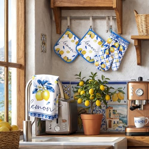 6-Piece Italian Lemon Kitchen Set: Oven Mitts, Pot Holders, and Towels