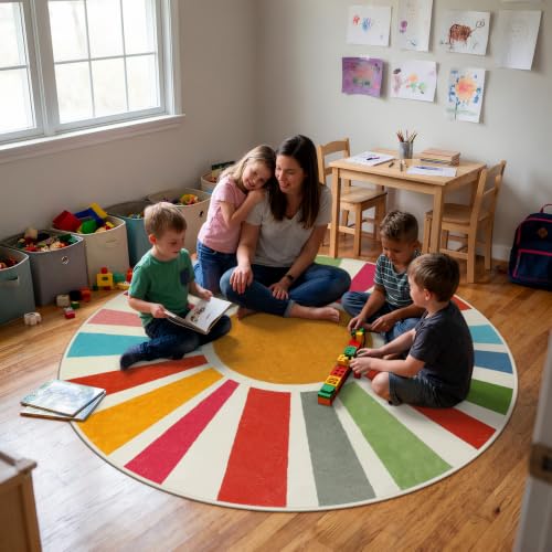 6 Ft Round Sunshine Area Rug, Washable Boho Kids Playroom Carpet