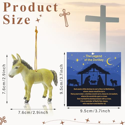 Religious Donkey Legend Christmas Ornaments Set - 12 Acrylic Holiday Decorations with Story Cards