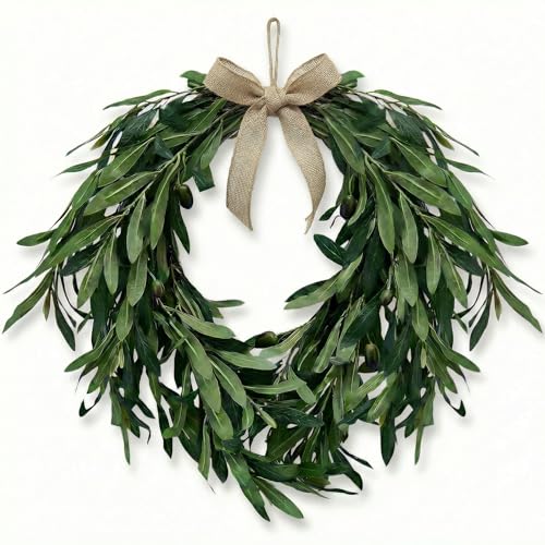 16" Heart-Shaped Artificial Olive Leaf Wreath with Fruit for Front Door