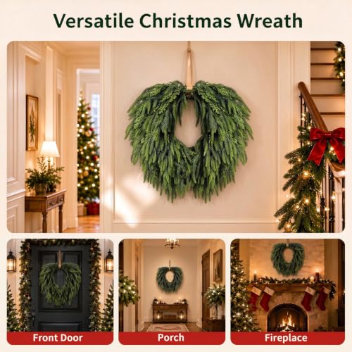 Christmas Wreath for Front Door - Artificial Norfolk Pine & Cedar, Green, 24 Inch