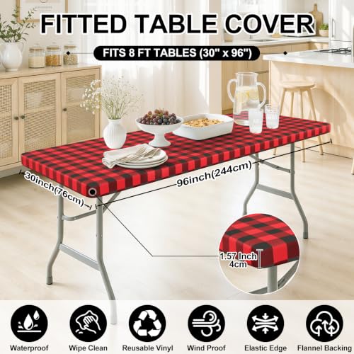 Smiry 96 x 30 inch Round-Edge 8 ft Fitted Vinyl Tablecloth with Flannel Backing, Red & Black Gingham