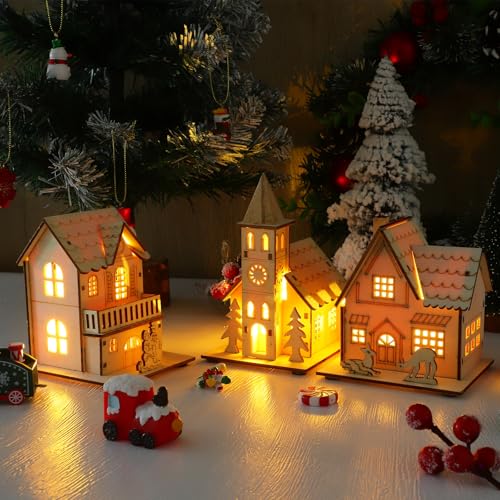3-Piece LED Christmas Village Houses, Unfinished Wooden Rustic Decor