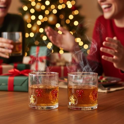 Bokon 2 Pack Christmas Icon Glass Cups, 14 oz Hand Blown Gingerbread & Candy Cane