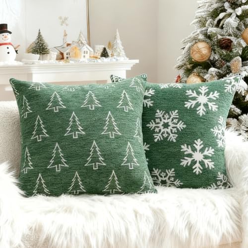 20x20 Reversible Christmas Pillow Covers Set of 2 - Green Snowflake & Tree