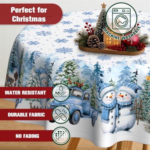 Blue Snowman Round Christmas Tablecloth 60x60 Inch Waterproof Holiday Decor