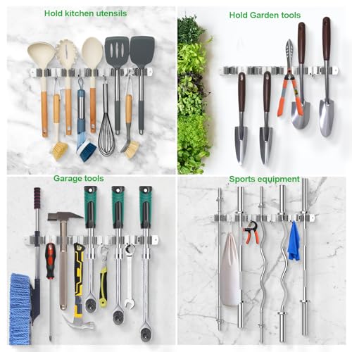 Stainless Steel Mop and Broom Holder Wall Mount with 5 Racks and 4 Hooks