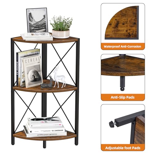 3-Tier Rustic Corner Shelf, Industrial Freestanding Storage Organizer