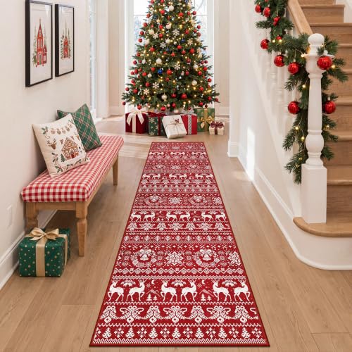 Miukiki 2x8 Christmas Runner Rug Red Non-Slip Washable Kitchen Hallway Decor
