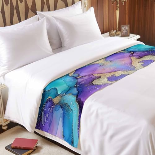Purple Gold Marble Satin Bed Runner for King Size Bed (94x20 Inch)