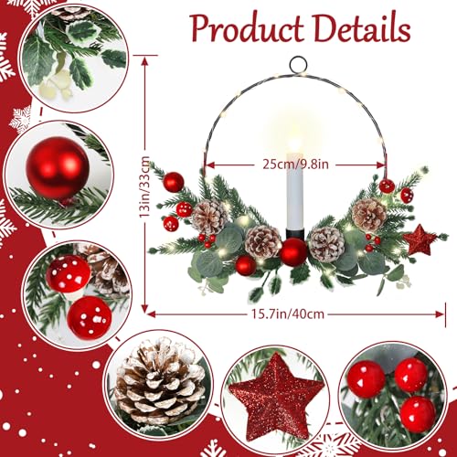2Pack Christmas Wreath with LED Candle Lights Pine Cones Berries - Red & Green