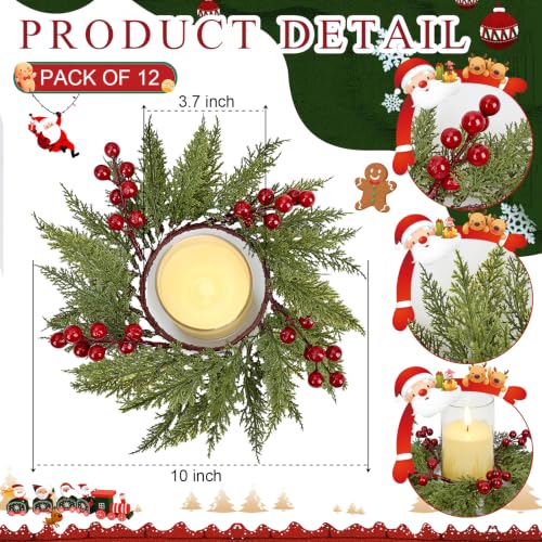 12 Pack Christmas Candle Wreath Rings with Red Berries - 3.7 Inch