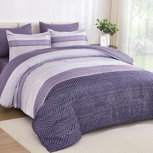 Purple King Comforter Set 7-Piece Bed in a Bag - Boho Striped Bedding