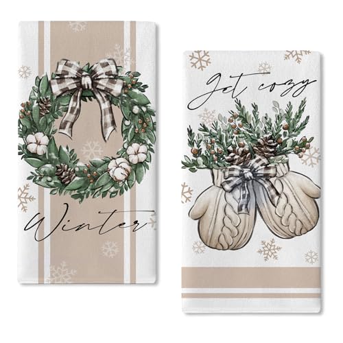 Seliem Winter Wreath & Mitten Kitchen Dish Towels Set of 2 - Brown, Holiday Decor