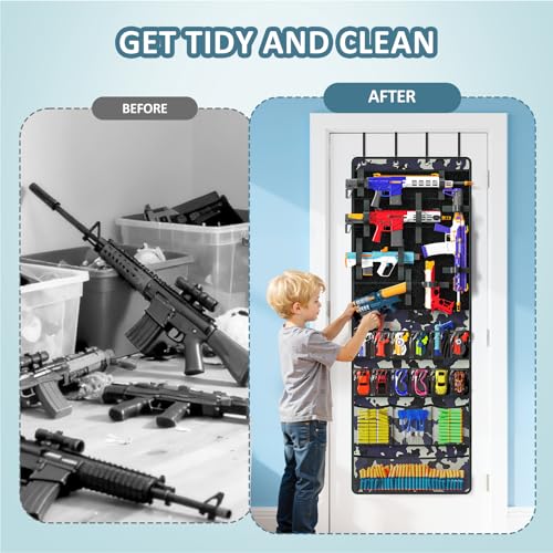 Over-the-Door Toy Gun Organizer with Pockets & Straps, Camouflage