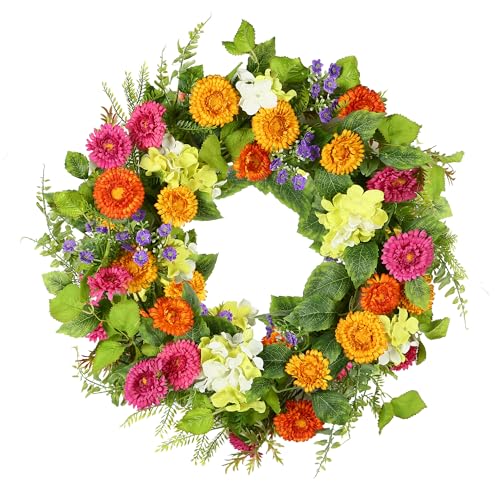 20-Inch Artificial Daisy and Tea Leaf Spring Wreath for Front Door