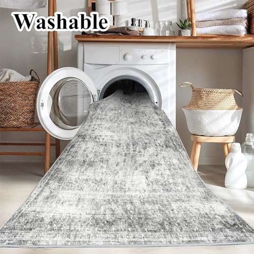 4x6 Washable Area Rug - Gray Vintage Floral Non-Slip Thin Floor Carpet