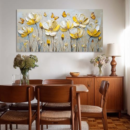 Yellow Floral Butterfly Canvas Wall Art Decor for Bedroom and Office