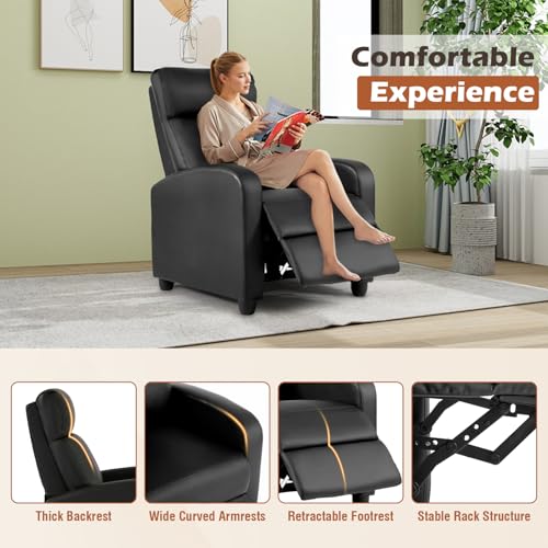 Black Faux Leather Recliner Chair with Lumbar Support and Footrest