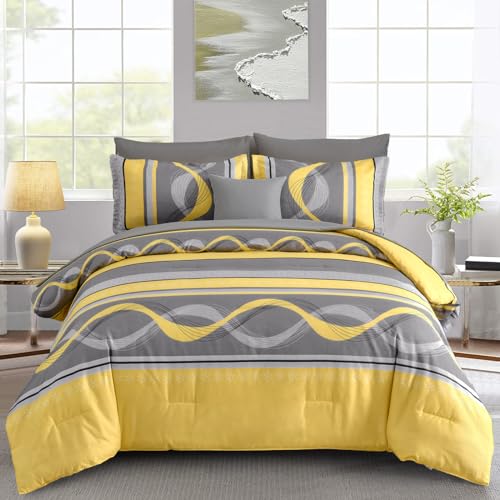 Queen Bed in a Bag Comforter Set - 8-Piece Yellow Patchwork Striped Boho