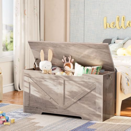39.4-Inch Wooden Storage Bench with Safety Hinge and Toy Chest Organizer