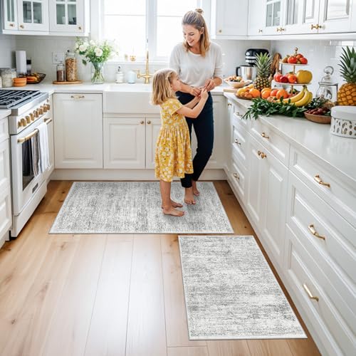 2-Piece Non-Slip Kitchen Rug Set, Washable Farmhouse Floor Mats (Grey Ivory)