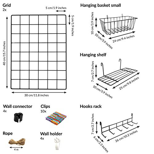 2-Pack Metal Wire Wall Grid Panels with Hanging Basket, Shelf and Hooks