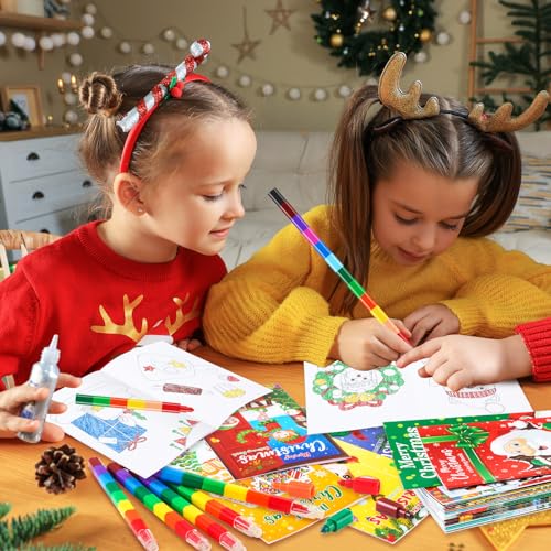 BenLouis Christmas Mini Coloring Books with Crayons - 24 Pack for Kids, Holiday Party Favors