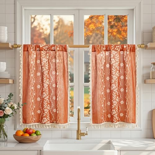 Boho Floral Short Tier Curtains - 26" Wide, 36" Long, 2 Pcs