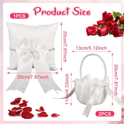 3-Piece Wedding Flower Girl Basket and Ring Bearer Pillow Set, Ivory Satin