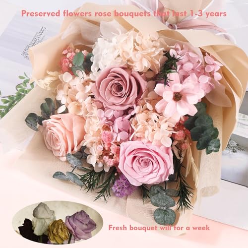 Preserved Pink Rose Bouquet with White Vase - Long-Lasting Eternal Flowers