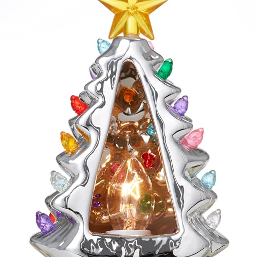Casafield 6-Inch Silver Ceramic Christmas Tree Night Light with 28 Bulbs & Star Topper