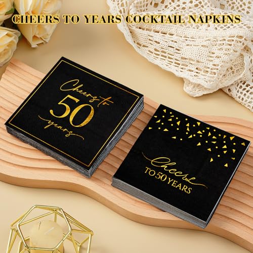 Hunanyume 50 Pack Cheers to 50 Years Black & Gold Cocktail Napkins - Elegant 5x5 Inch Party Supplies for 50th Birthday & Anniversary