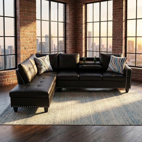 Modern L-Shaped Sectional Sofa with Cup Holders and Chaise, Black