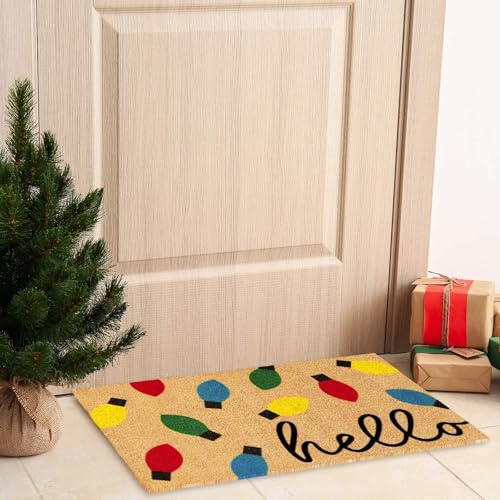 Christmas Coir Doormat with Colorful Xmas Light Bulbs - Indoor Outdoor Entrance Rug, 16.5 x 29 inches