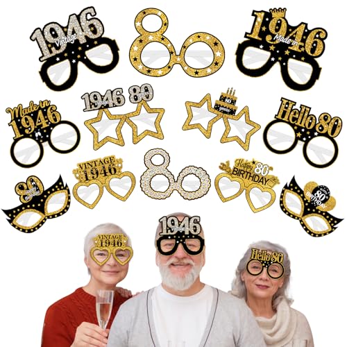 24Pcs 80th Birthday Paper Glasses - Black Gold Party Photo Booth Props