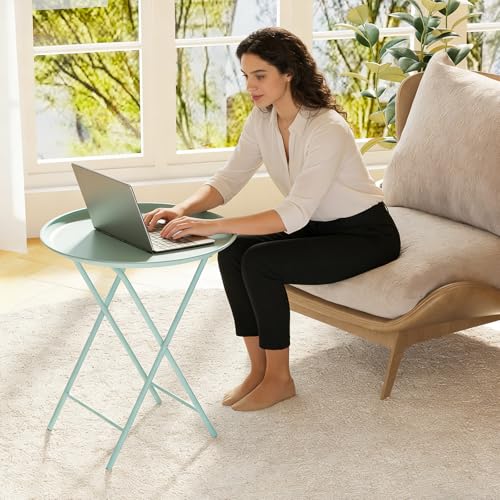Folding Round Metal Side Table, Green Tray Table Set (2 Pack)